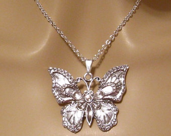 Large Butterfly Necklace, Silver Butterfly Necklace, Art Nouveau Jewelry, Silver Butterfly Jewelry, Insect Jewelry