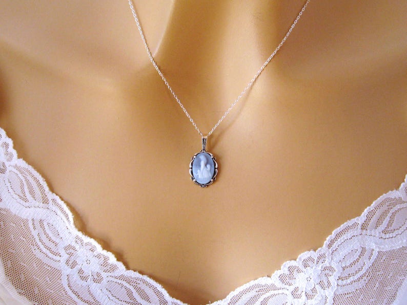 Real Cameo Necklace, Mothers Day Gift, Mother Child Cameo Necklace Sterling Silver Carved Agate Blue Cameo Necklace, Cameo Jewelry Jewellery image 3