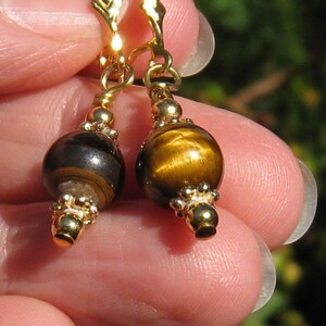 May include: Gold earrings with tiger's eye beads. The beads are round and have a brown and gold colour.
