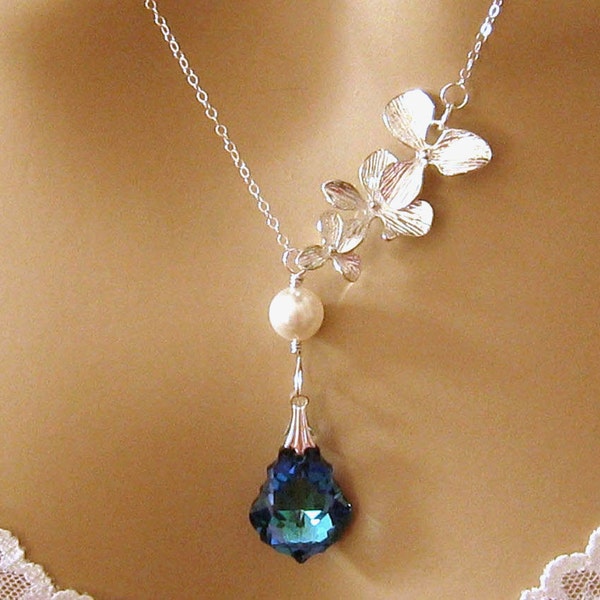 Collana romantica per damigelle d'onore in cristallo blu, perle di orchidea, cristalli Swarovski, collana da sposa blu pavone, damigella d'onore, gioielli da sposa pavone