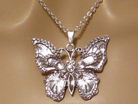 Large Butterfly Necklace Silver Butterfly Necklace Art Nouveau