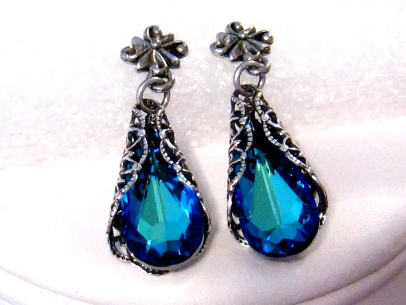 Blue Earrings Victorian Wedding Jewelry,Swarovski Victorian Bridesmaid Earrings,Blue Bridesmaid Jewelry,Victorian Post Earrings,Prom Jewelry image 2