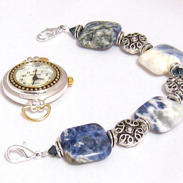 Montre avec bande perlée Interchangeable : Pierre bleue et blanche perlée Women Watch avec bande de montre Interchangeable - résistant à l'eau