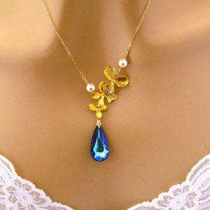 Swarovski Orchid Necklace Bridal Necklace Blue Wedding Necklace Bridal Jewelry Bridesmaids Necklace Romantic Orchid Necklace Gold Fill