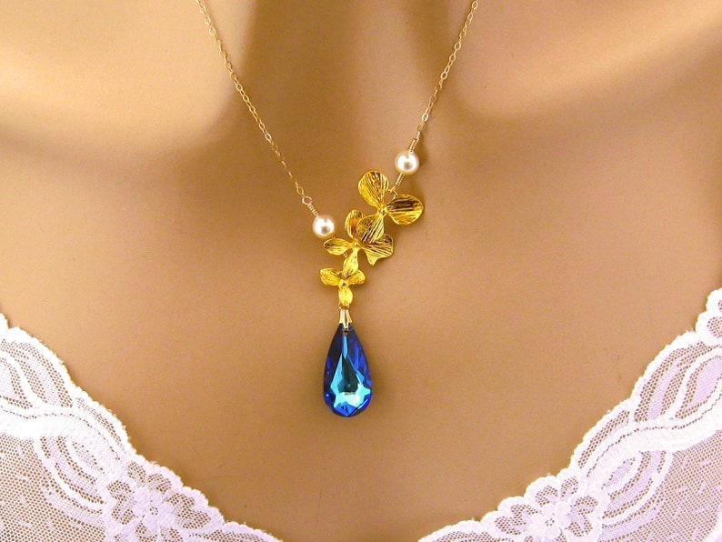 Swarovski Orchid Necklace Bridal Necklace Blue Wedding Necklace Bridal Jewelry Bridesmaids Necklace Romantic Orchid Necklace Gold Fill