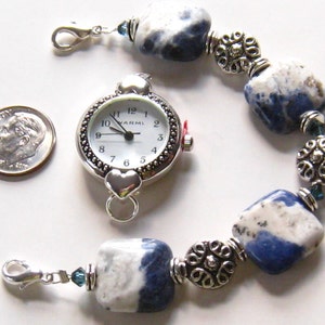 Interchangeable Beaded Blue Watch Band, Blue and White Interchangeable Beaded Stone Watch Band, Medical ID Bracelet
