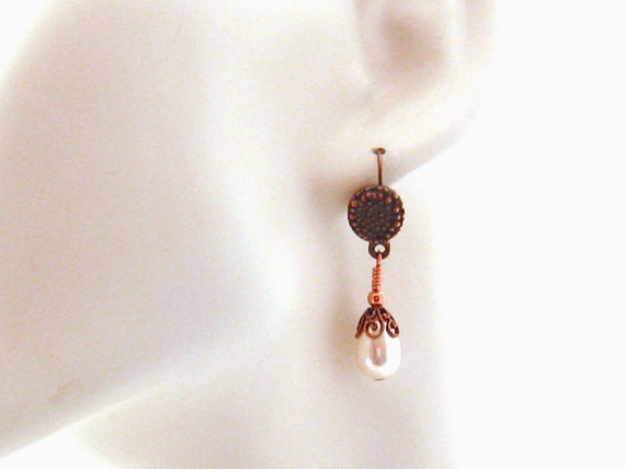 Copper Earrings with Dangling White Pearls - Anniversary Gifts for Women