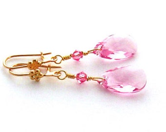 Pink Crystal Earrings, Gold Wires: Long Swarovski Pink Crystal Earrings - Pink Crystal Bridesmaids Gift, Bridal Wedding Jewelry