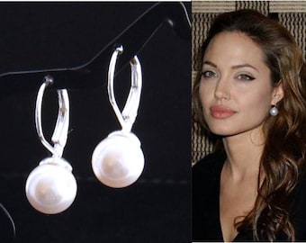 Drop Pearl Earrings, Silver 8 mm White Pearl Drop Earrings, Sweet 16, Cream Pearl Earrings, Angelina Jolie Wedding Jewelry, Bridesmaid Gift