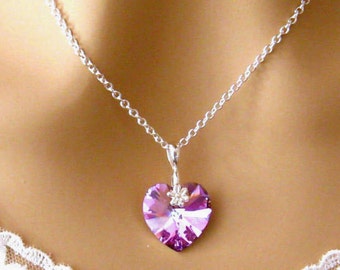 Pink Crystal Heart Necklace: Romantic Purple Swarovski Crystal Heart Necklace, Bridesmaids Gift, Bridal Wedding Jewelry, Sweet 16