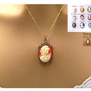 Orange Cameo: Greek Woman Peach Cameo Necklace, Antiqued Gold, Vintage Inspired Romantic Victorian Jewelry, Orange Cameo Necklace