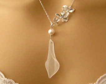 Calla Lily Necklace: Pearl Calla Lily Orchid Bridal Necklace, Romantic Wedding Jewelry, Sterling Silver, Orchid Wedding Bridal Jewelry, Prom