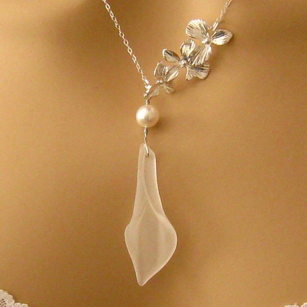 Calla Lily Necklace: Pearl Calla Lily Orchid Bridal Necklace, Romantic Wedding Jewelry, Sterling Silver, Orchid Wedding Bridal Jewelry, Prom