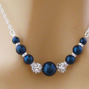 Blue Pearl Necklace, Pearl Rhinestone Bridal Necklace, Blue Bridesmaid Necklace, Blue Mother of the  Bride Jewelry, Blue Wedding Jewelry