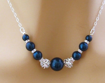 Blue Pearl Necklace, Pearl Rhinestone Bridal Necklace, Blue Bridesmaid Necklace, Blue Mother of the  Bride Jewelry, Blue Wedding Jewelry