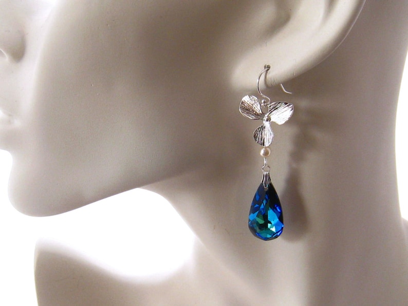 Orchid Wedding Earrings Orchid Earrings Blue Wedding Jewelry Blue Crystal Earrings Sterling Silver Blue Flower Earring Bridal Orchid Jewelry