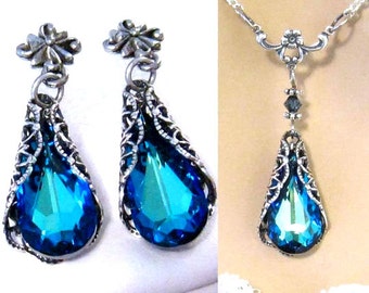 Blue Crystal Necklace, Earrings, Victorian Jewelry, Blue Wedding Jewelry Set, Swarovski Bridal Jewelry, Blue Bridesmaid Jewelry, MOH Prom