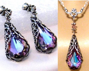 Purple Crystal Bridesmaids Jewelry Set: Romantic Victorian Vitrail Light Purple Necklace Earring Set, Bridesmaids Gift, Prom Wedding Jewelry