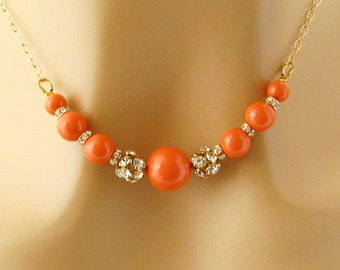 Coral Necklace, Coral Wedding Jewelry, Bridesmaid Swarovski Coral Necklace, Jewelry Bridal Necklace, Orange Mother of the Bride Jewelry