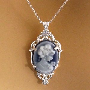 Blue Cameo Necklace: Victorian Woman Small Blue Cameo Necklace, Sterling Silver Setting & Chain, Romantic Victorian Jewelry Gift for Her image 3