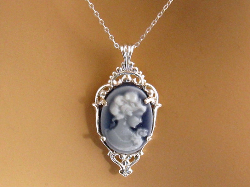 Blue Cameo Necklace: Victorian Woman Small Blue Cameo Necklace, Sterling Silver Setting & Chain, Romantic Victorian Jewelry Gift for Her image 3