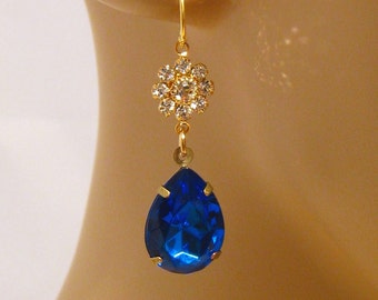 Swarovski Royal Blue Kristall Ohrringe, Lange Braut Ohrringe, Blaue Ohrringe, Hochzeit Schmuck, Besondere Gelegenheit Ohrringe, 14 Karat Gold fill