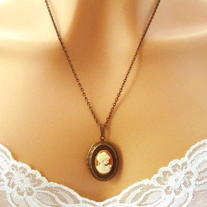 Locket Peach Cameo: Victorian Woman Peach Cameo Necklace, Vintage Inspired Romantic Victorian Jewelry, Antiqued Bronze, Peach Cameo Necklace