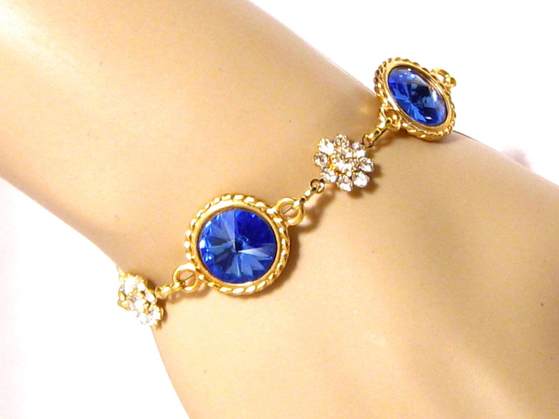 Blue Crystal Bracelet Bridal Gold Swarovski Rivoli Sapphire Etsy