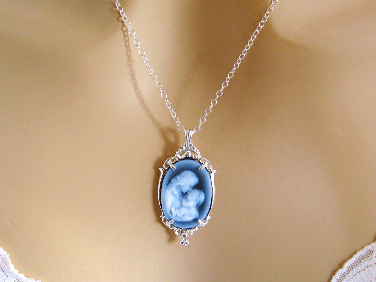 ネックレス・ペンダント Silver950 & Agate Cameo necklace Real Cameo Necklace, New Mom Gift, Mother and Child Cameo Necklace