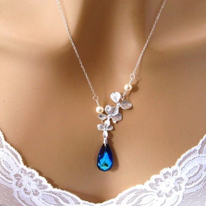 Romántico collar de cristal azul orquídea collar flor Bermuda azul Swarovski collar de bodas pavo real collar nupcial orquídea joyería de boda