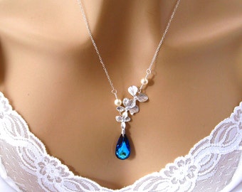 Blaue Orchidee Halskette, Swarovski Brautschmuck, Perlen Orchidee Hochzeitsaccessoire, Braut Halskette, Blauer Brautschmuck