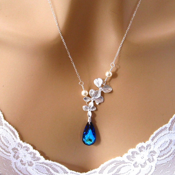Blue Orchid Wedding Necklace, Swarovski Bridal Jewelry, Pearl Orchid Wedding Accessory, Bridal Necklace, Blue Wedding Jewelry