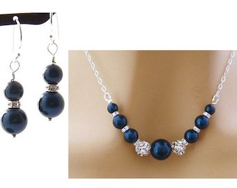 Blue Pearl Jewelry Set, Pearl Rhinestone Bridal Necklace Earrings Bridesmaid Jewelry Blue Mother of the  Bride Jewelry, Blue Wedding Jewelry