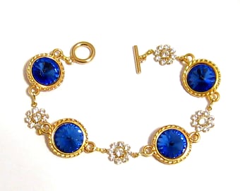 Blaues Kristall Armband, Brautgold, Swarovski Rivoli Saphir Blauer Kristall Armband, Blaues Armband, Brautschmuck, Brautjungfern Geschenk