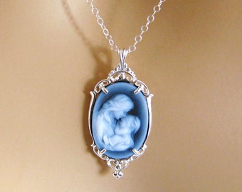 Real Cameo Necklace, New Mom Gift, Mother and Child Cameo Necklace Sterling Silver Carved Agate Blue Cameo Necklace, Cameo Jewelry Jewellery