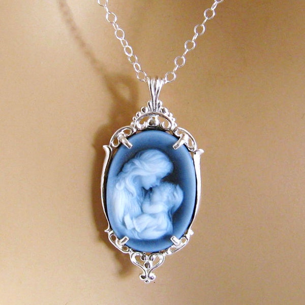 Real Cameo Necklace, New Mom Gift, Mother and Child Cameo Necklace Sterling Silver Carved Agate Blue Cameo Necklace, Cameo Jewelry Jewellery