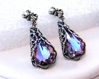 Fioletowa biżuteria ślubna: wiktoriańskie kolczyki ślubne Swarovski Vitrail Light Purple Crystal, kolczyki wiszące, fioletowa biżuteria dla druhen