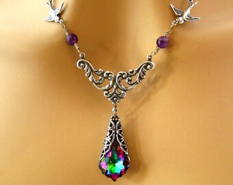 Art Nouveau Purple Bridesmaids Necklace Baroque Swarovski Electra Purple Crystal Necklace Amethyst Birds Bridal Jewelry Wedding Jewelry