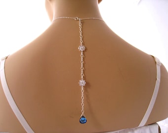 Blue Swarovski Bridal Back Drop For Necklace: Sterling Silver CZ Flowers