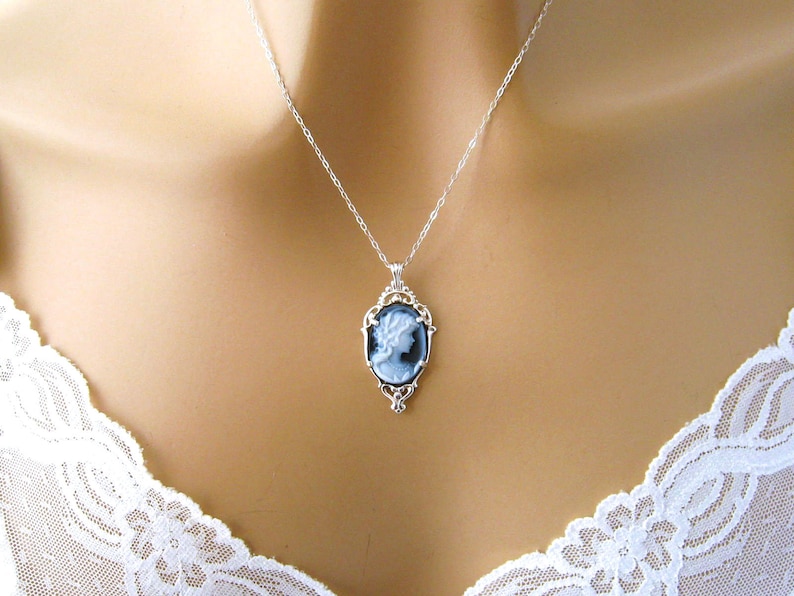 Real Cameo: Victorian Woman Blue Cameo Necklace, Sterling Silver, Vintage Inspired Romantic Victorian Jewelry, Romantic Gift for Her image 5