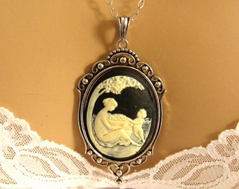 Sterling Silver Mother Child Necklace, Victorian Black Cameo, Mother Child Cameo Necklace, Mothers Day Gift Idea, Victorian Cameo Jewelry