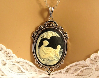 Sterling Silver Mother Child Necklace, Victorian Black Cameo, Mother Child Cameo Necklace, Mothers Day Gift Idea, Victorian Cameo Jewelry