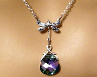 Purple Dragonfly Necklace: Swarovski, Dragonfly Pendant, Victorian Dragonfly Jewelry Necklace, Aqua Vitrail Light Purple Crystal Necklace