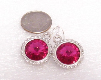 Hot Pink Bridesmaids Earrings: Sterling Silver Swarovski Crystal Fuchsia Bridesmaids Earrings Begonia Wedding Jewelry, Pink Crystal Earings