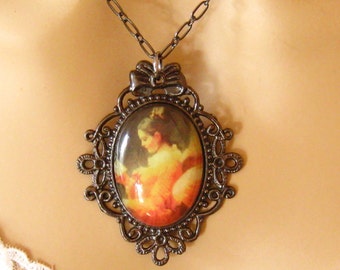 Fancy Peach Cameo: Victorian Woman Peach Cameo Necklace, Vintage Inspired Romantic Victorian Jewelry, Gunmetal Plated, Peach Cameo Necklace