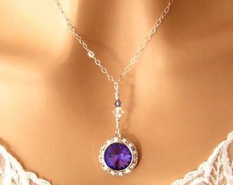 Collar púrpura: Collar de dama de honor, Collar de Swarovski púrpura, Plata esterlina, Plum Prom Jewelry Purple Wedding Jewelry, Regalo de damas de honor