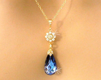 Collier bleu océan, collier bleu royal CZ, bijoux de mariage Swarovski, collier de mariée bleu Mali, bijoux de demoiselle d'honneur bleu saphir, or