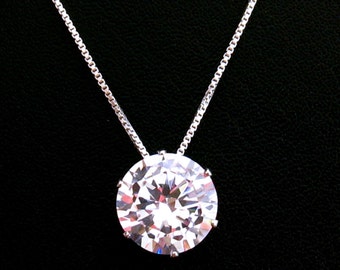 Cubic Zirconia Necklace, 12 mm CZ Pendant, Large Cubic Zirconia Solitaire Necklace, Sterling Silver, Mothers Day Gift, Wedding Jewelry