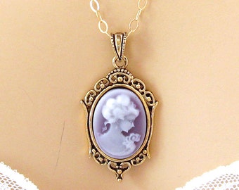 Purple Cameo Necklace: Victorian Woman Tiny Lavender Cameo Necklace, Gold Fill, Vintage Inspired Romantic Purple Necklace, Gift Idea for Her