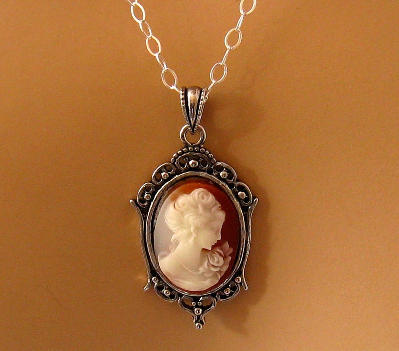 Small Cameo Necklace: Victorian Woman Peach Cameo Necklace, Sterling Silver, Vintage Inspired Romantic Victorian Jewelry, Great Gift for Her image 3